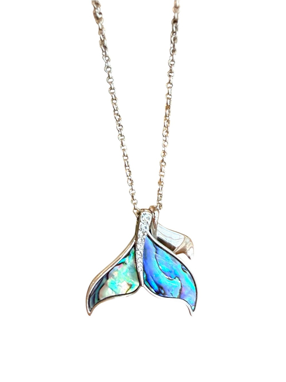 Silver and Abalone double Whale Tail Pendant Necklace - Blue Green Shell